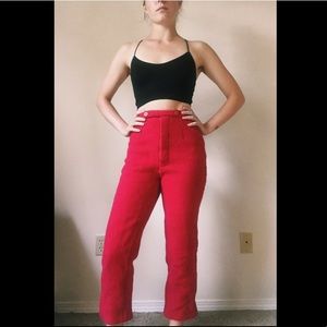 hot pink high-waisted wool pants